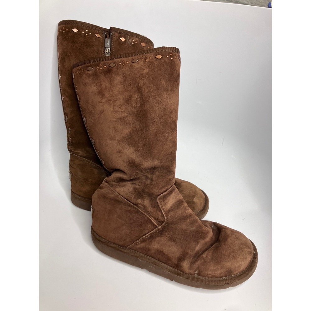 UGG Tall Suede Boots Womens 8 Brown Good Studded Metallic Zip Up 5544 winter
